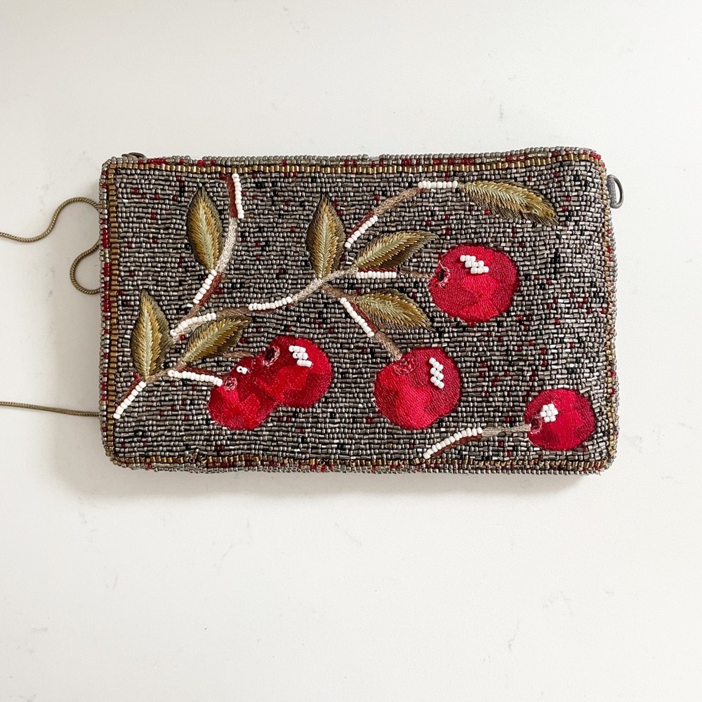 Mary Francis beaded phone crossbody, cherries, clutch bag, beaded handbag